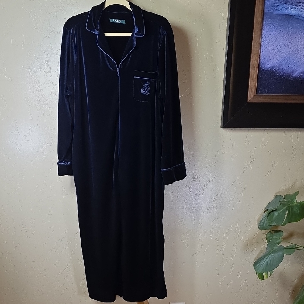 Ralph Lauren Navy Velvet  Full Length House Coat Full Zip Robe Crest Pockets